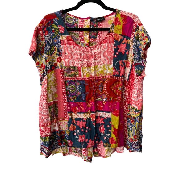 Jones and Co Blouse Size 1X Short Sleeve Floral Patchwork Button Back Bohemian - Picture 1 of 6